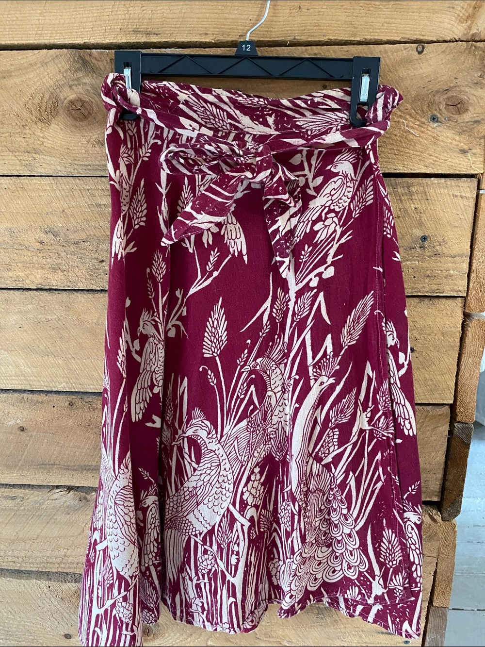 Vintage Burgundy and Cream Nature-Print A-Line Skirt